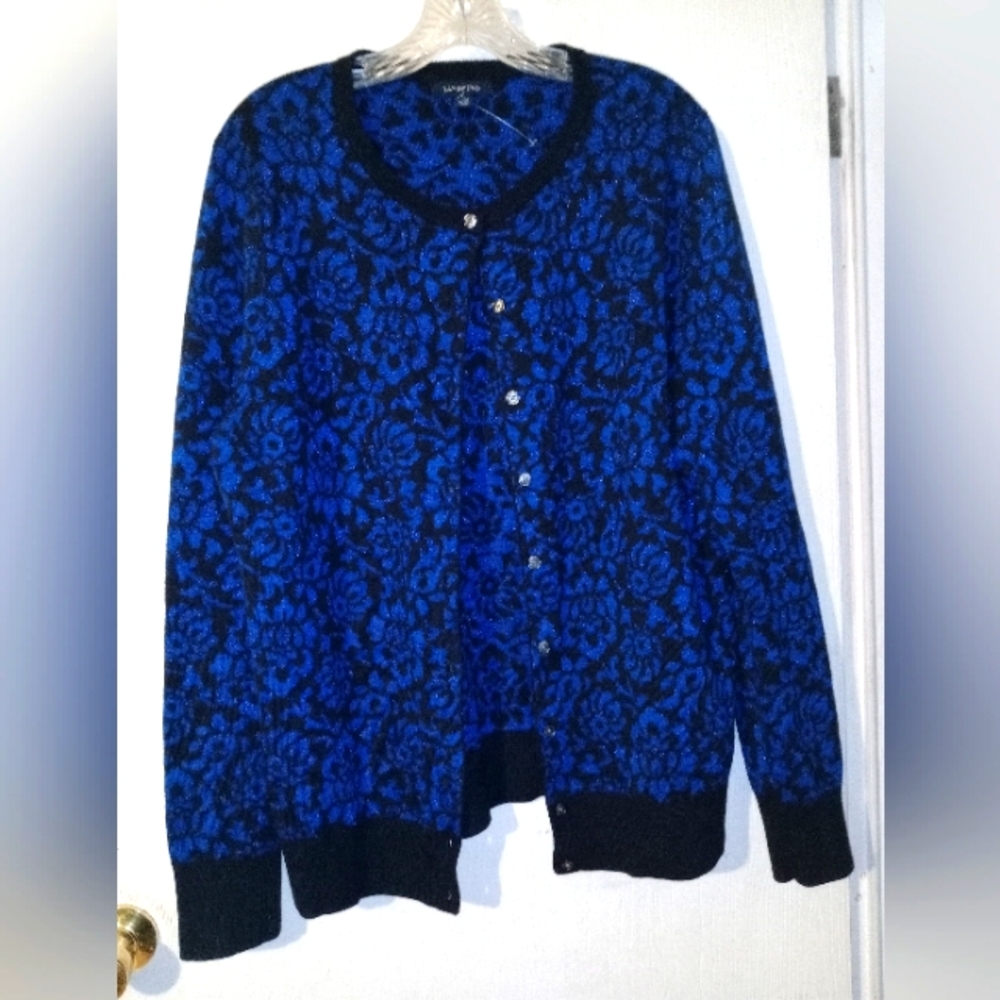 Lands End LT (14-16) Blue &‎ Black Button Up Sweater